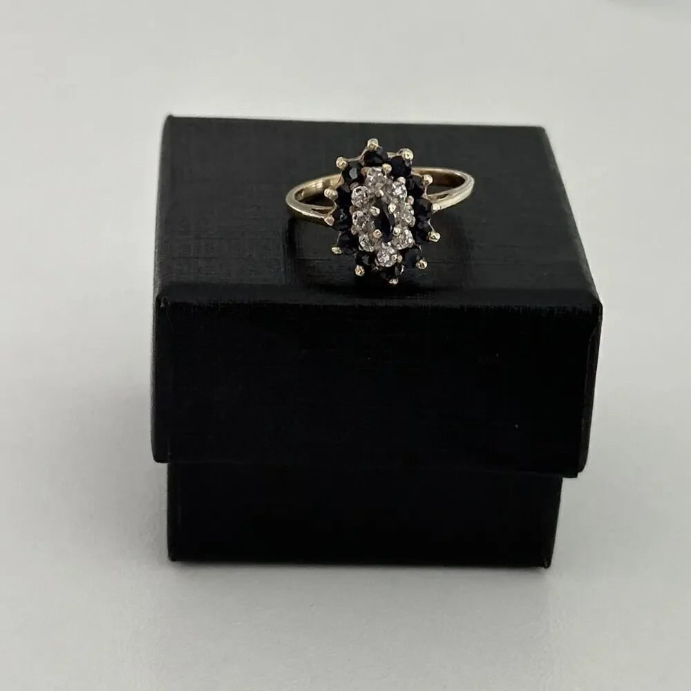 Vintage 10K Yellow Gold Sapphire & Diamond Halo Cluster Ladies Band Ring Size 6